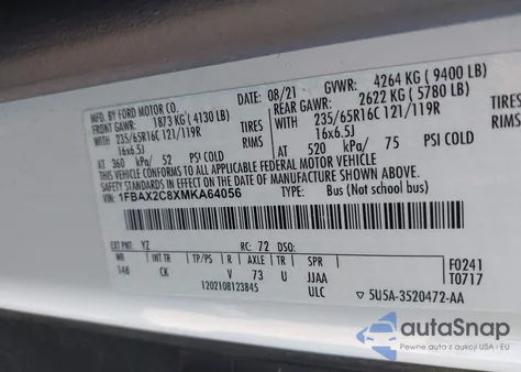 2021 Ford Transit-350 Passenger Van Xlt from USA, damaged, VIN 1FBAX2C8XMKA64056